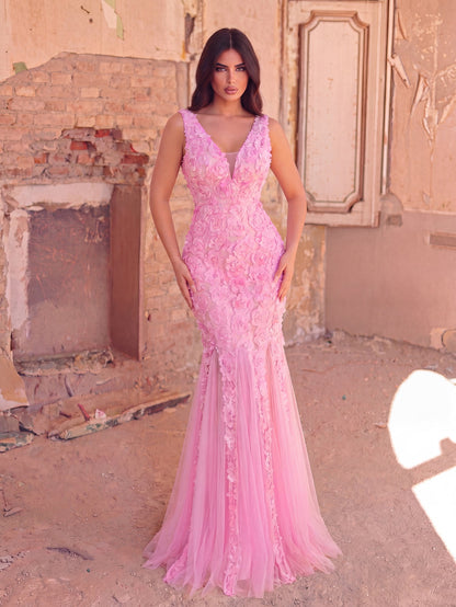 3D Floral Appliqué Tulle Maxi Dress | Halter Neck Mermaid Silhouette with Open Back & High Leg Slit | Evening Gown for Weddings, Parties, Prom