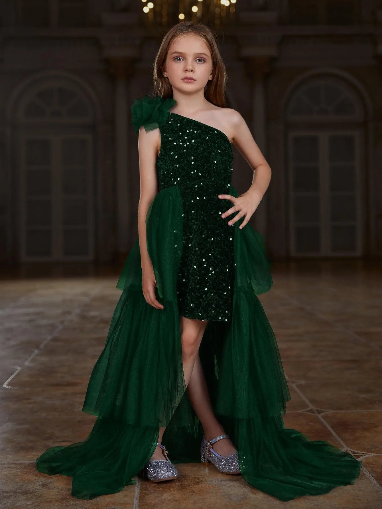 Additional product view of Layered Hem One-Shoulder Sequin A-Line Sleeveless Tween Girls' Party Dress