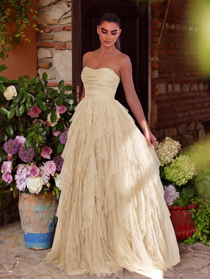 Elegant Strapless Mesh Overlay Formal Party Dress