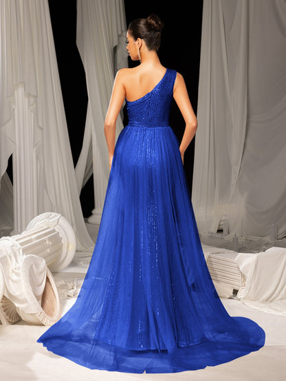 Additional product view of Mesh Overlay One-Shoulder Sequin Mermaid Sleeveless Evening Gown