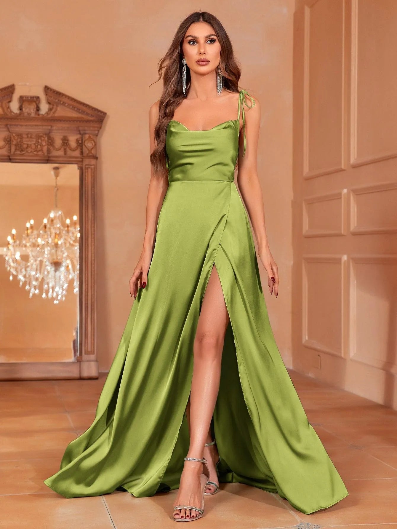 Elegant Tie Shoulder Satin Bridesmaid Dress – view 19