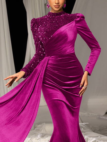 Elegant Velvet Evening Gown with Sequin Detail & Mermaid Silhouette – Luxury Bridal Wear for Weddings or High-End Events, XS-XL