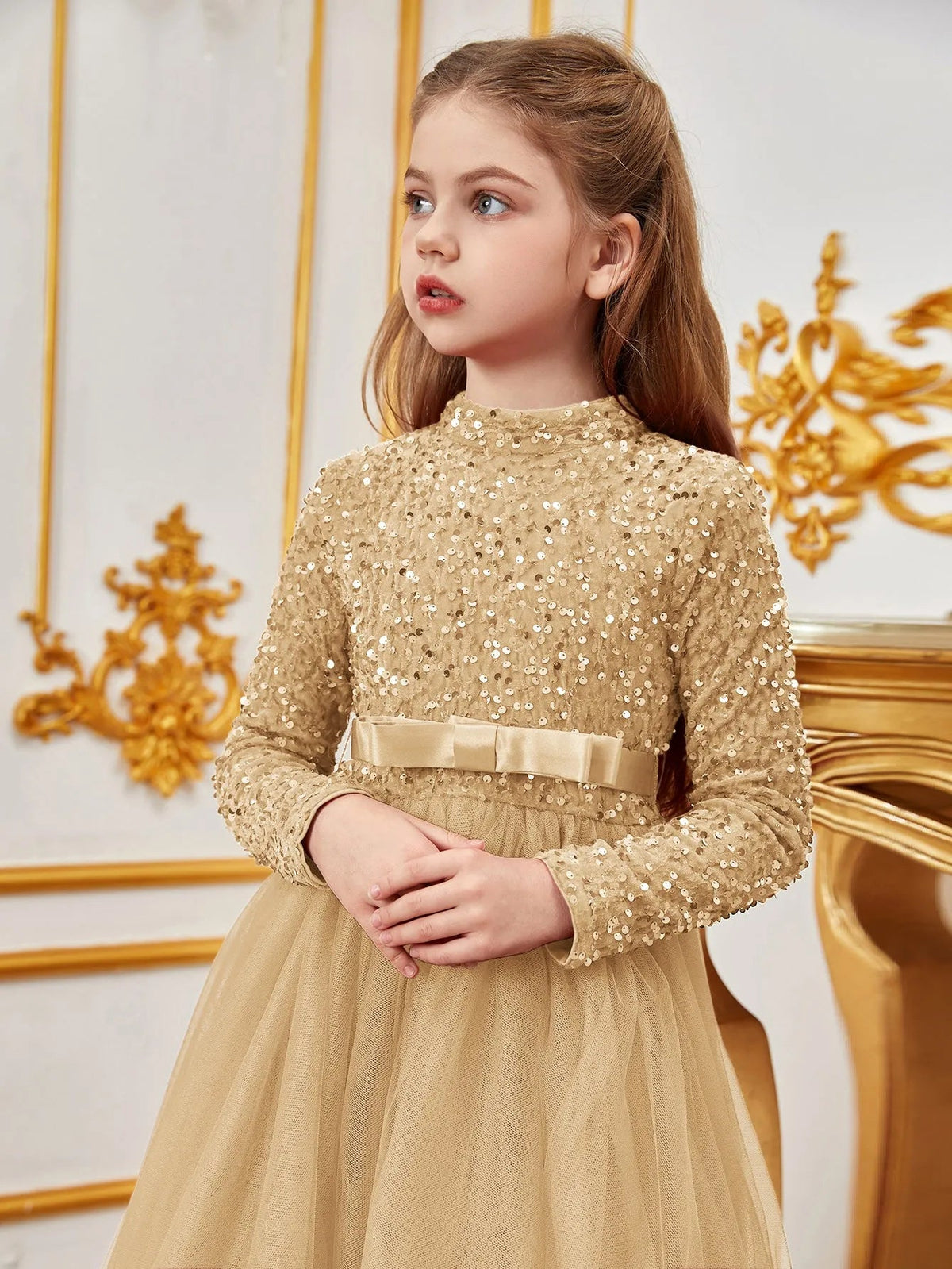 Additional product view of Bow Detail Mock-Neck Sequin A-Line Long-Sleeve Tween Girls' Party Dress