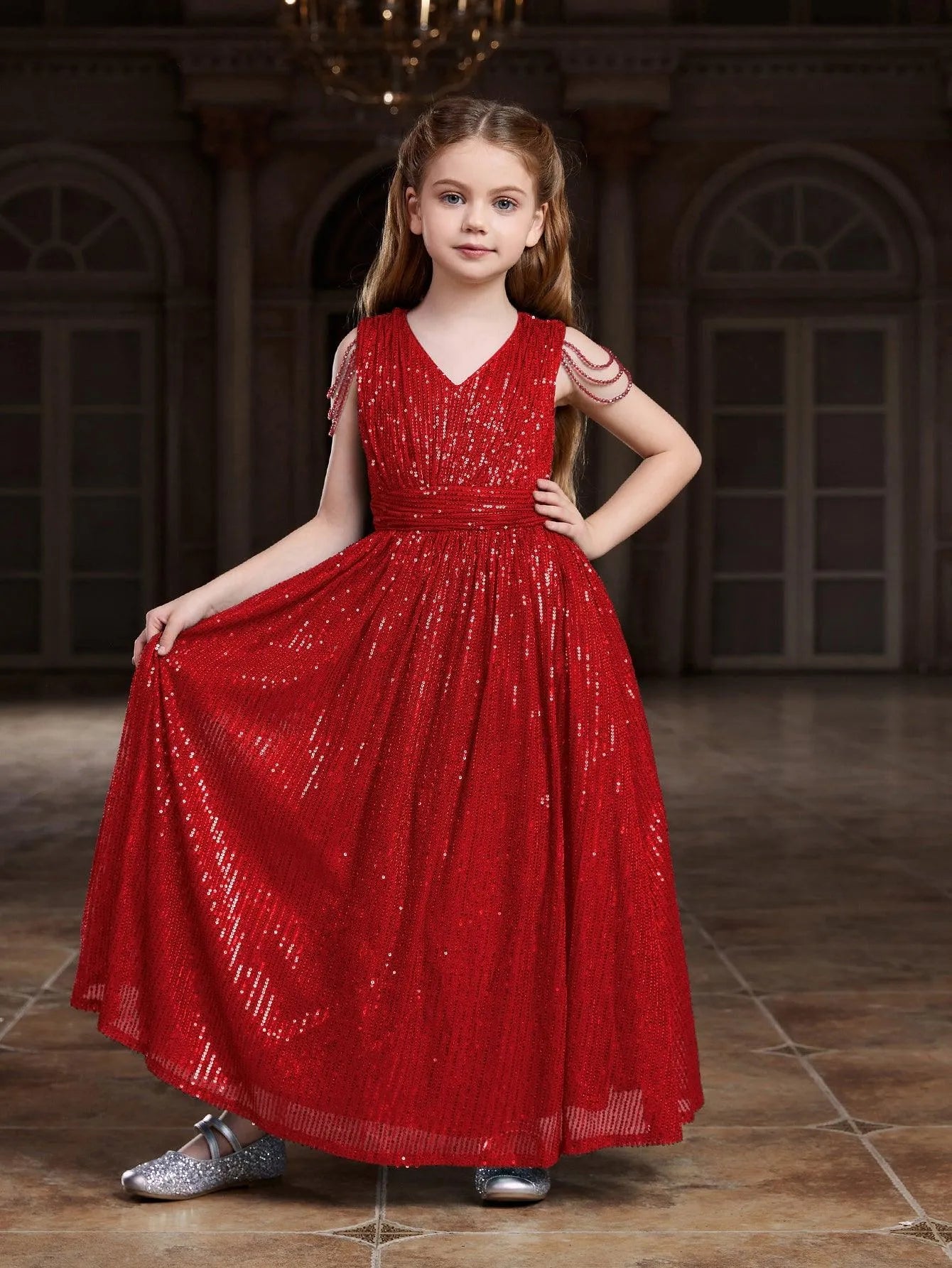 Additional product view of V-Neck Sequin A-Line Sleeveless Maxi Tween Girls' Party Dress