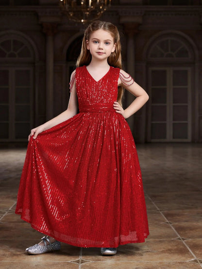 Additional product view of V-Neck Sequin A-Line Sleeveless Maxi Tween Girls' Party Dress