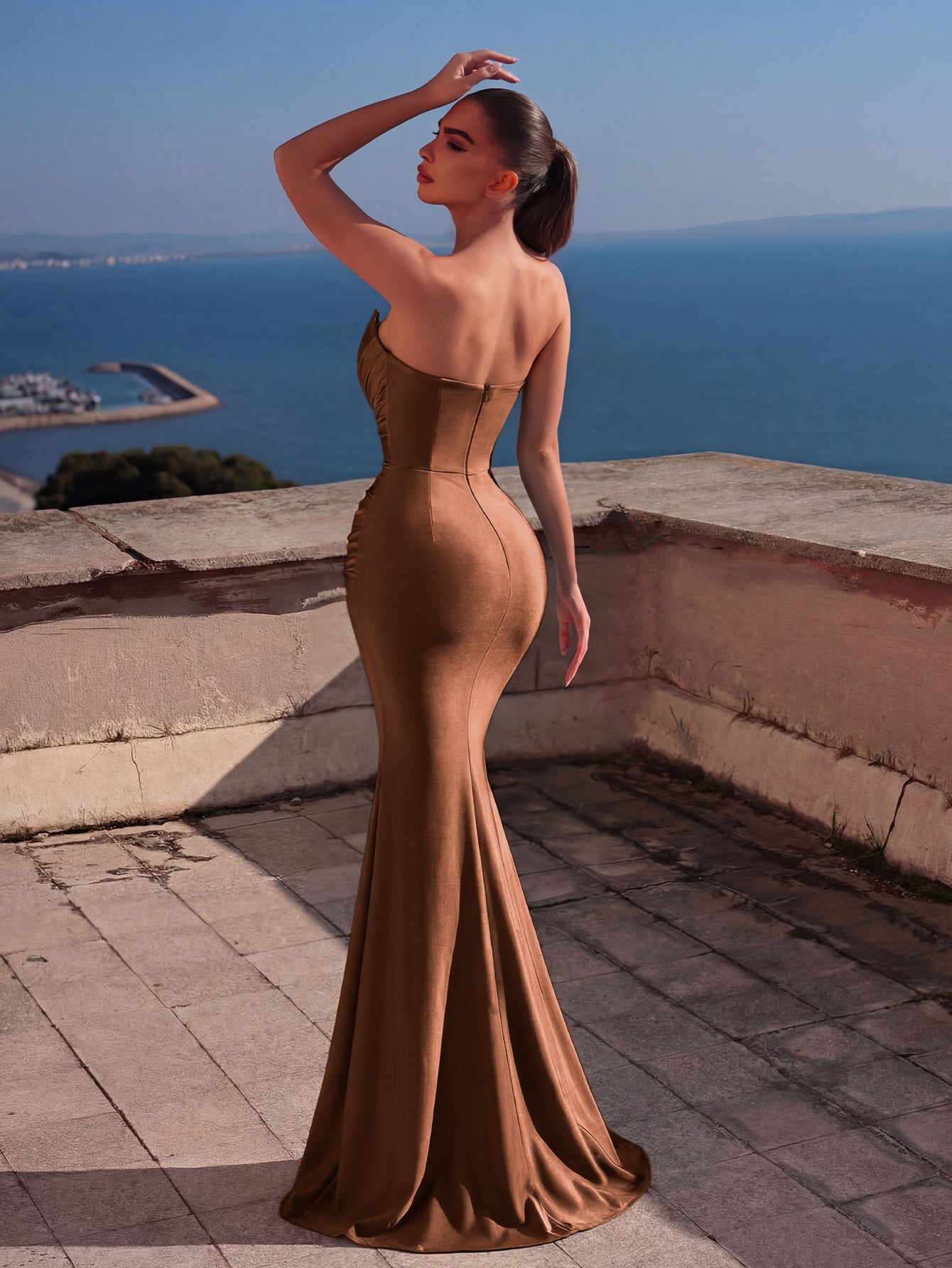 Additional product view of Mermaid Hem Strapless Knit Sleeveless Maxi Evening Gown