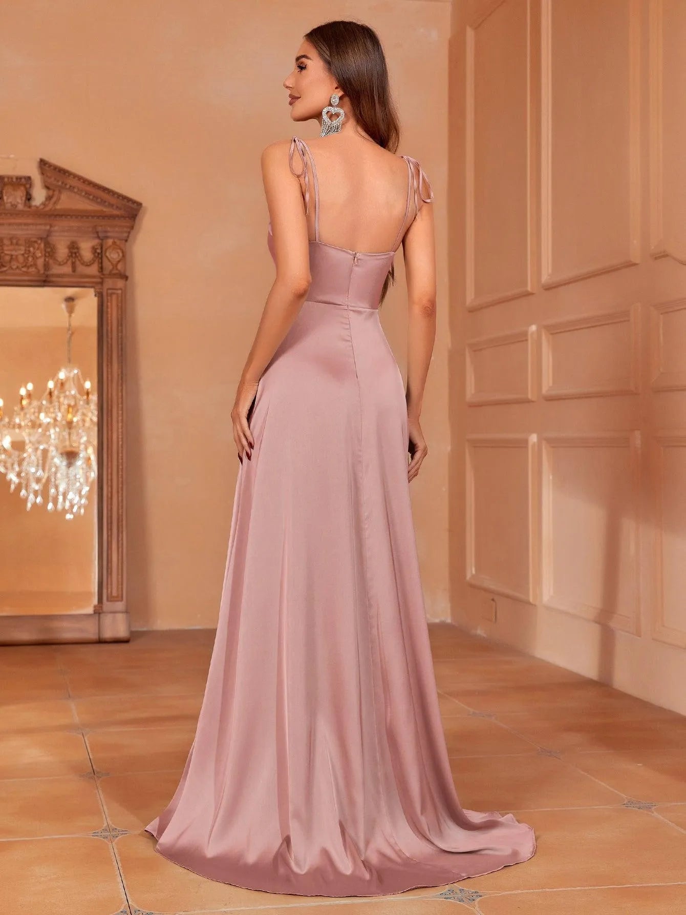 Elegant Tie Shoulder Satin Bridesmaid Dress – view 14