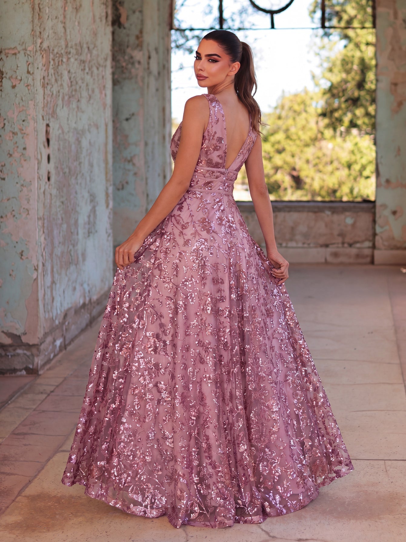 Plunging Neck Sleeveless Embroidered Sequin Dresses
