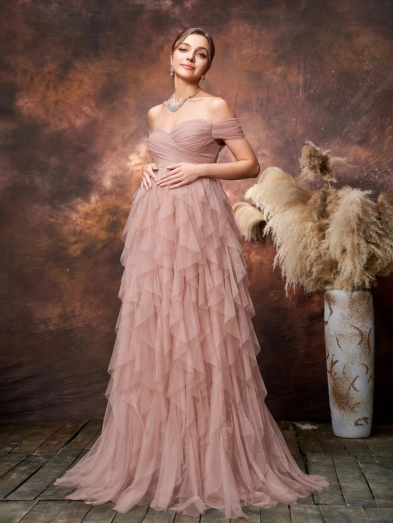Maternity Off-Shoulder Tulle Short-Sleeve A-Line Evening Gown — authorized product image 4