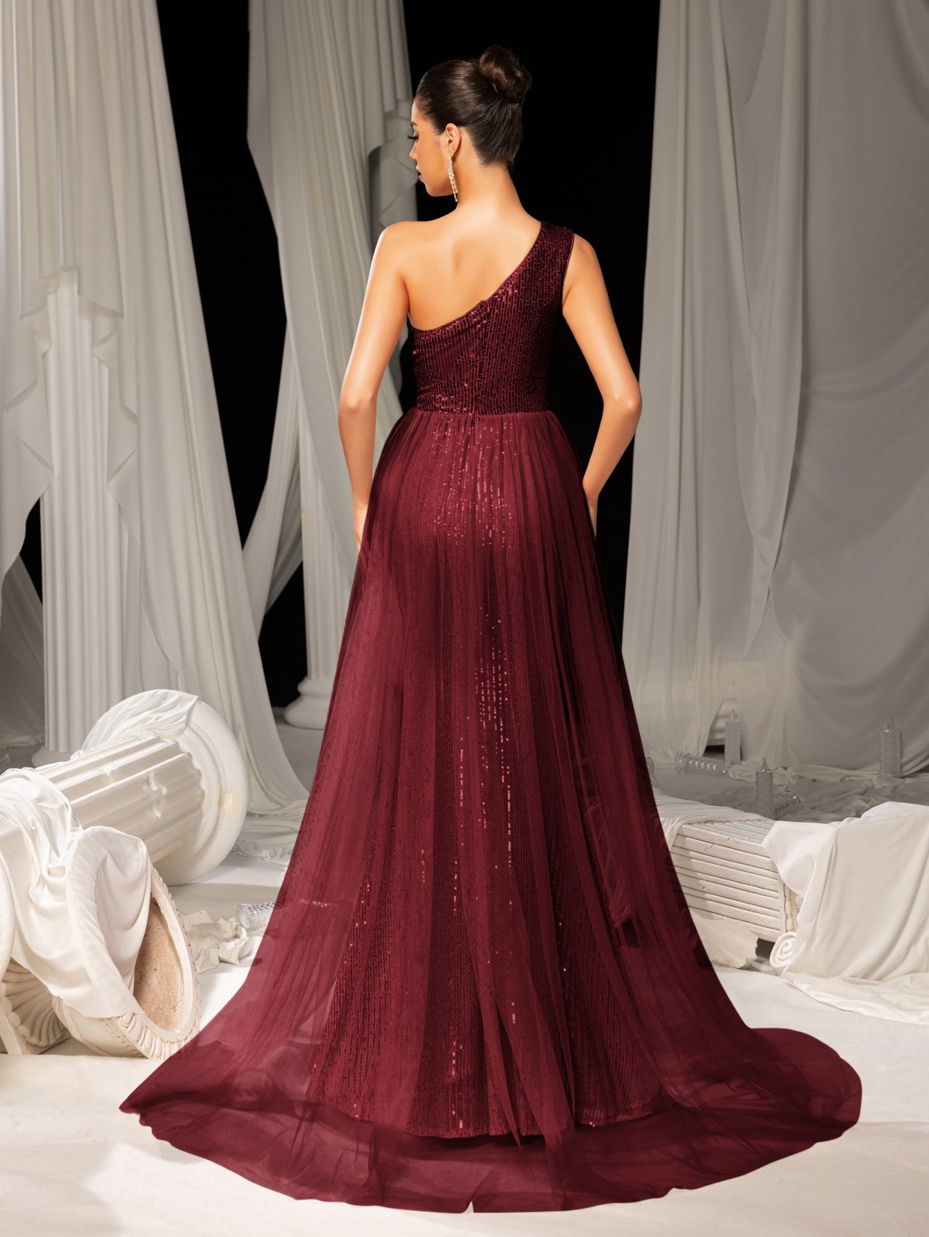 Additional product view of Mesh Overlay One-Shoulder Sequin Mermaid Sleeveless Evening Gown