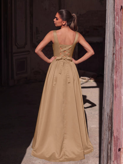 Additional product view of Lace-Up Back Square-Neck A-Line Sleeveless Maxi Evening Gown