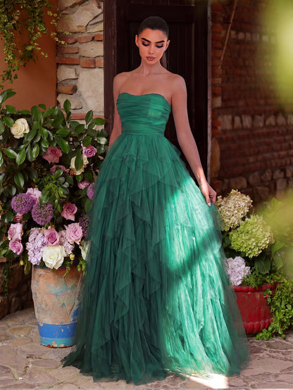 Elegant Strapless Mesh Overlay Formal Party Dress