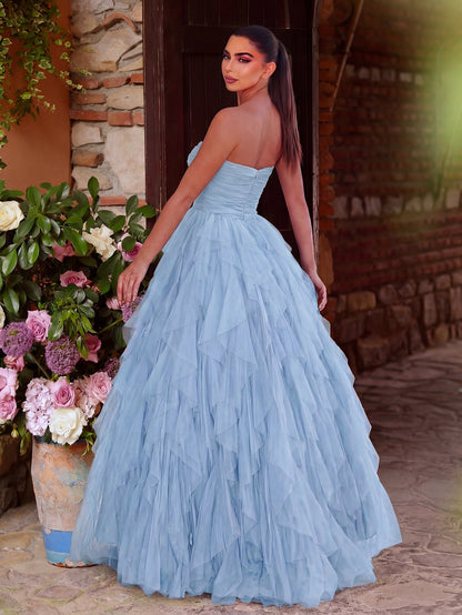 Elegant Strapless Mesh Overlay Formal Party Dress