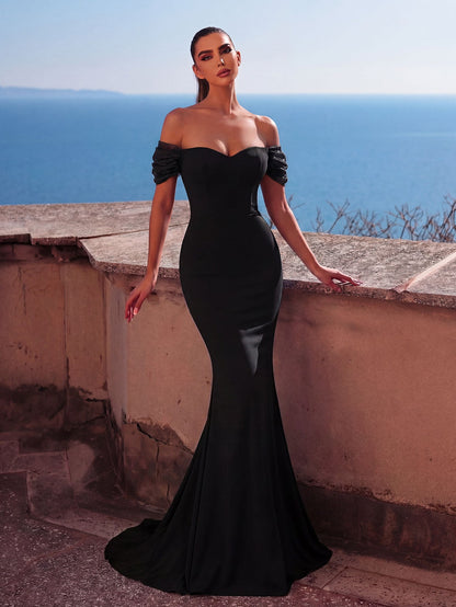 Additional product view of Mermaid Hem Knit Off-Shoulder Short-Sleeve Maxi Wedding Dress