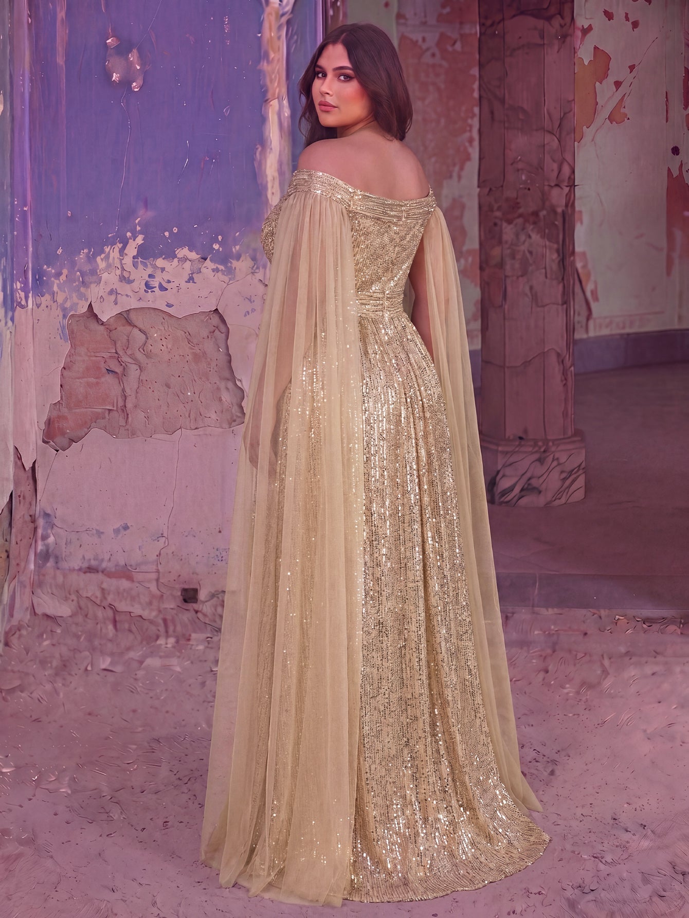 Plus Off-Shoulder Sequined Gown with Flowing Cape – Luxury Evening Wear for Weddings or Red Carpet Events, 1XL-5XL