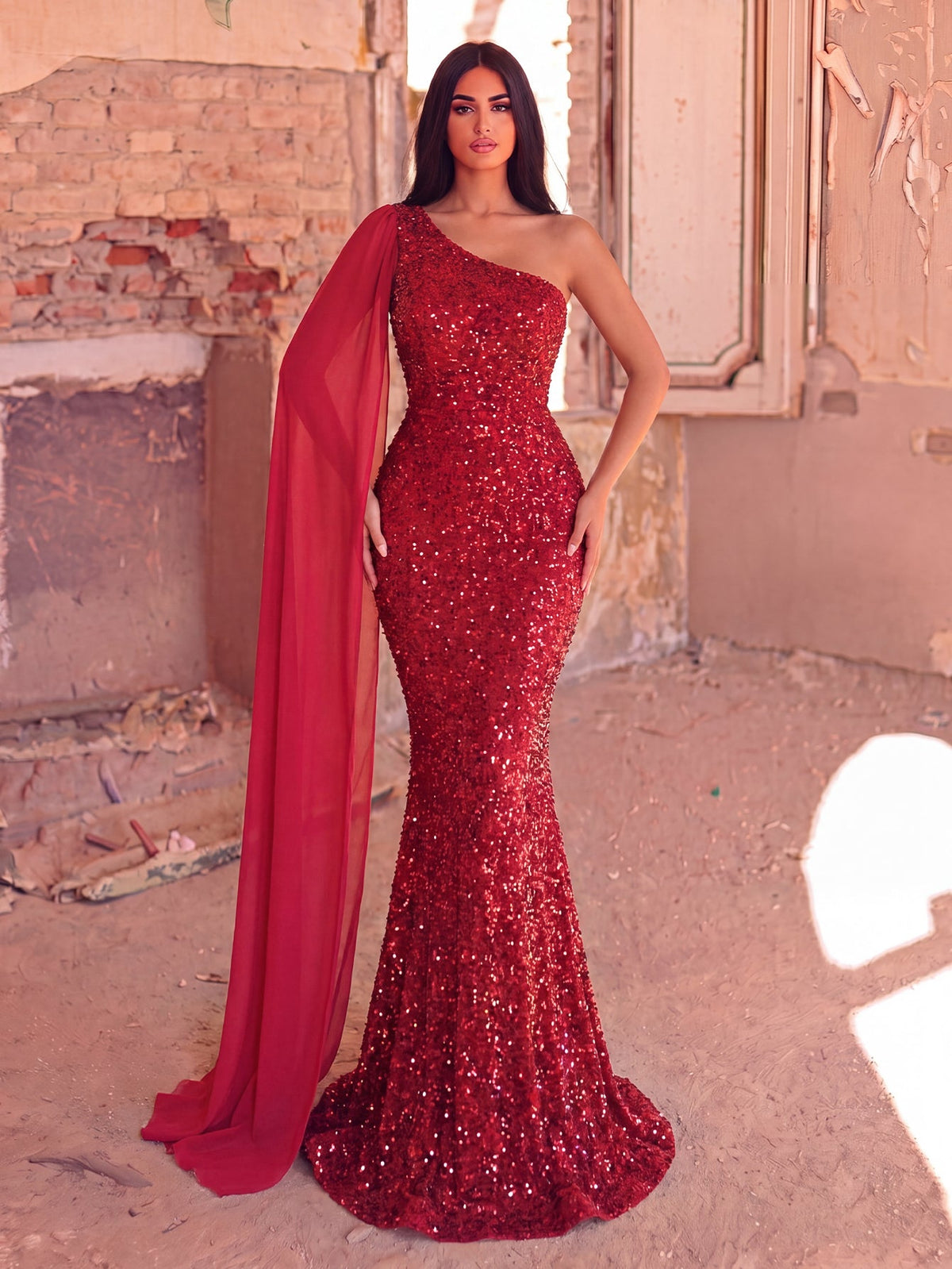 Elegant Sequin One Shoulder Sash Prom Dresses