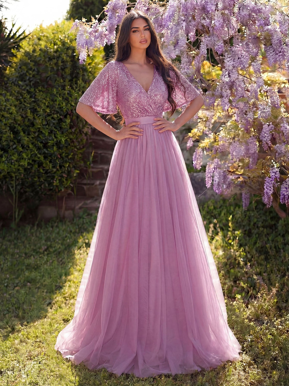 Alternate view of Surplice-Neck V-Neck Mesh Sequin A-Line Evening Gown in Mauve