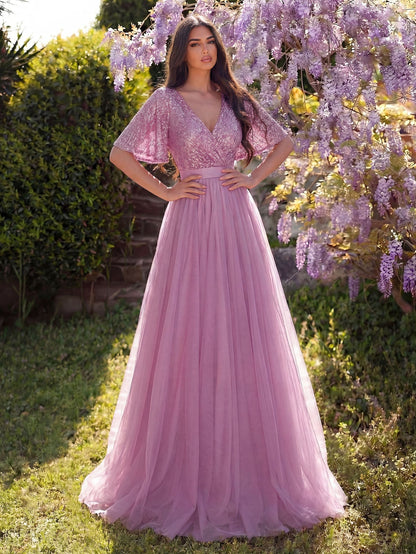 Alternate view of Surplice-Neck V-Neck Mesh Sequin A-Line Evening Gown in Mauve