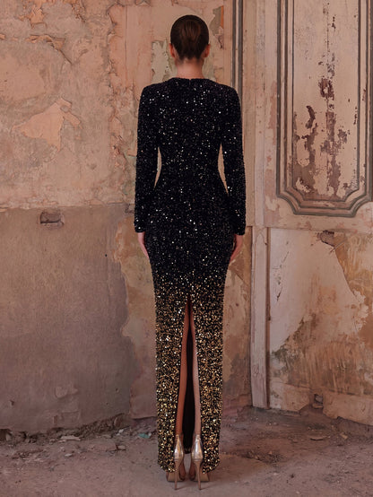 Additional product view of Split Hem Sequin Mermaid Long-Sleeve Maxi Evening Gown