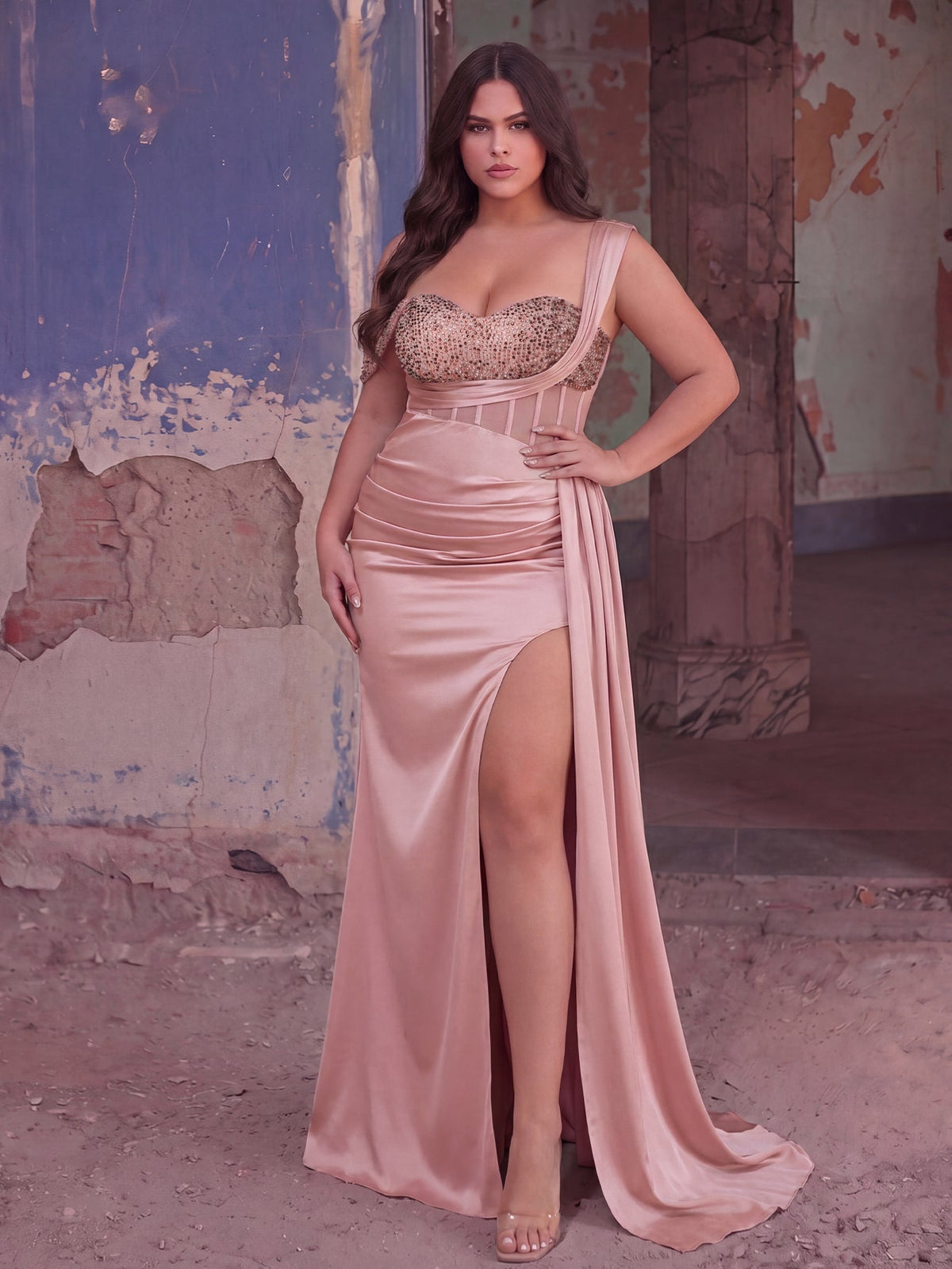 Plus Asymmetrical Neck Split Thigh Satin Mermaid Dress Evening Dress