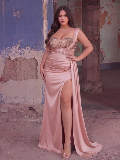 Plus Asymmetrical Neck Split Thigh Satin Mermaid Dress Evening Dress