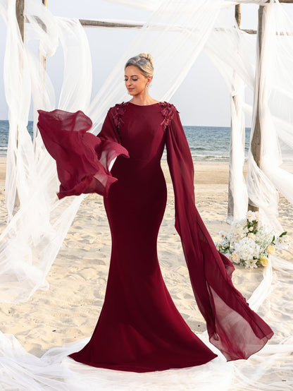 Mother-of-the-Bride Round Neck Chiffon Appliqué Half-Sleeve Mermaid Evening Gown — authorized product image 3
