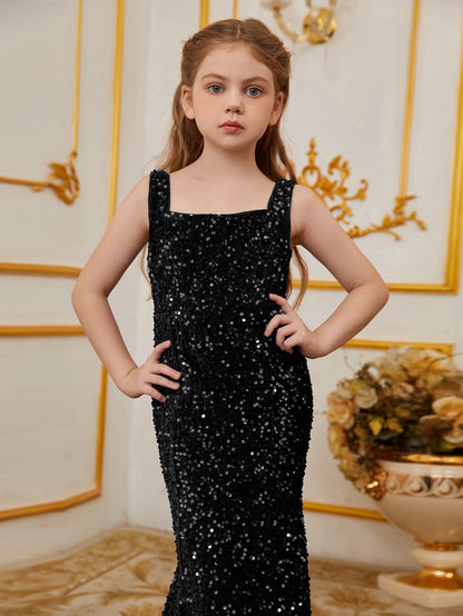 Additional product view of Mermaid Hem Square-Neck Sequin Sleeveless Maxi Tween Girls' Party Dress
