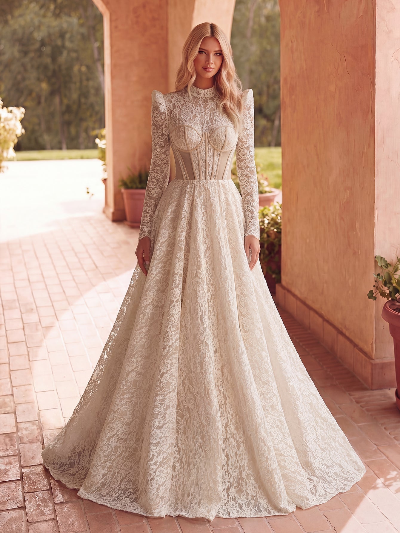 Additional product view of Lace Mock-Neck Long-Sleeve A-Line Maxi Wedding Dress