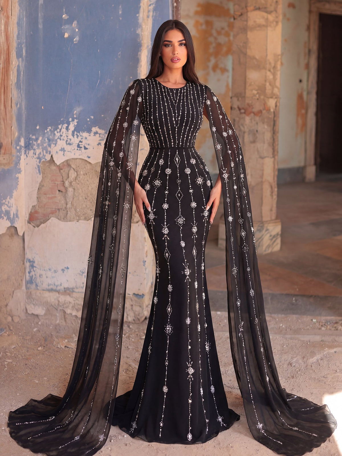 Round Neck Rhinestone Long-Sleeve Mermaid Evening Gown — authorized product image 1