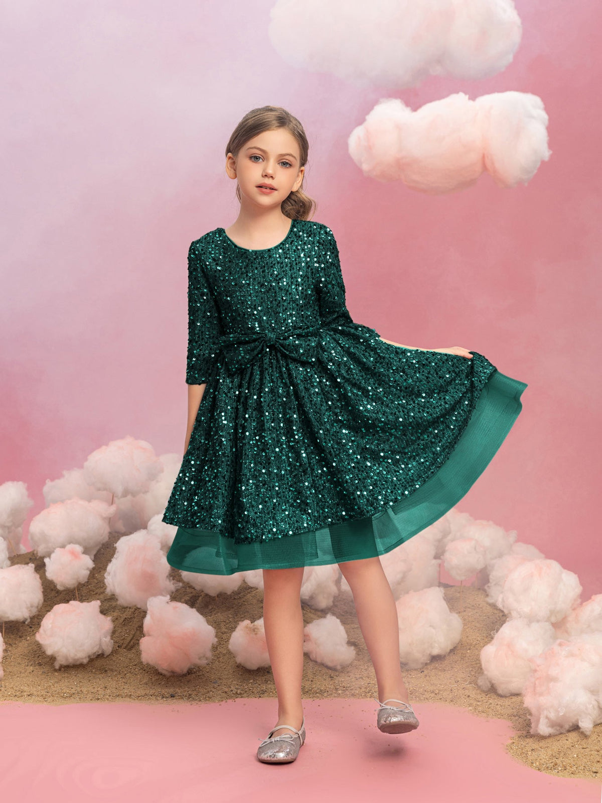 Additional product view of Three-Quarter-Sleeve Bow Detail Sequin A-Line Midi Tween Girls' Party Dress