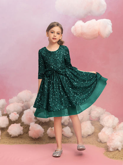 Additional product view of Three-Quarter-Sleeve Bow Detail Sequin A-Line Midi Tween Girls' Party Dress