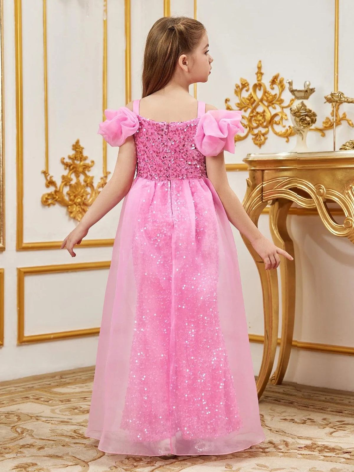 Additional product view of Mesh Overlay Sweetheart-Neck Sequin Mermaid Short-Sleeve Tween Girls' Party Dress