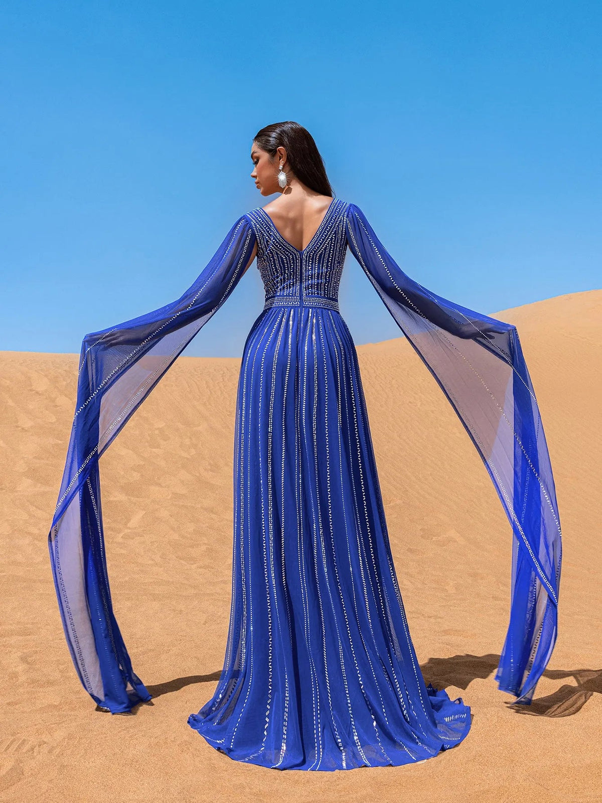 Luxury Gorgeous Rhinestone Detail Plunging Neck Cape Sleeves Formal Prom Dress – view 15