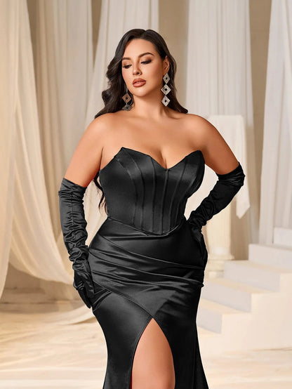 Plus Ruched Wrap Hem Satin Tube Prom Dress（Gloves Included） – view 12