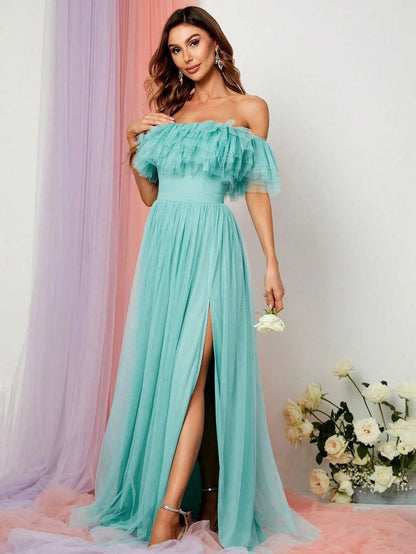 Additional product view of Ruffle Trim High-Slit Off-Shoulder Mesh A-Line Evening Gown