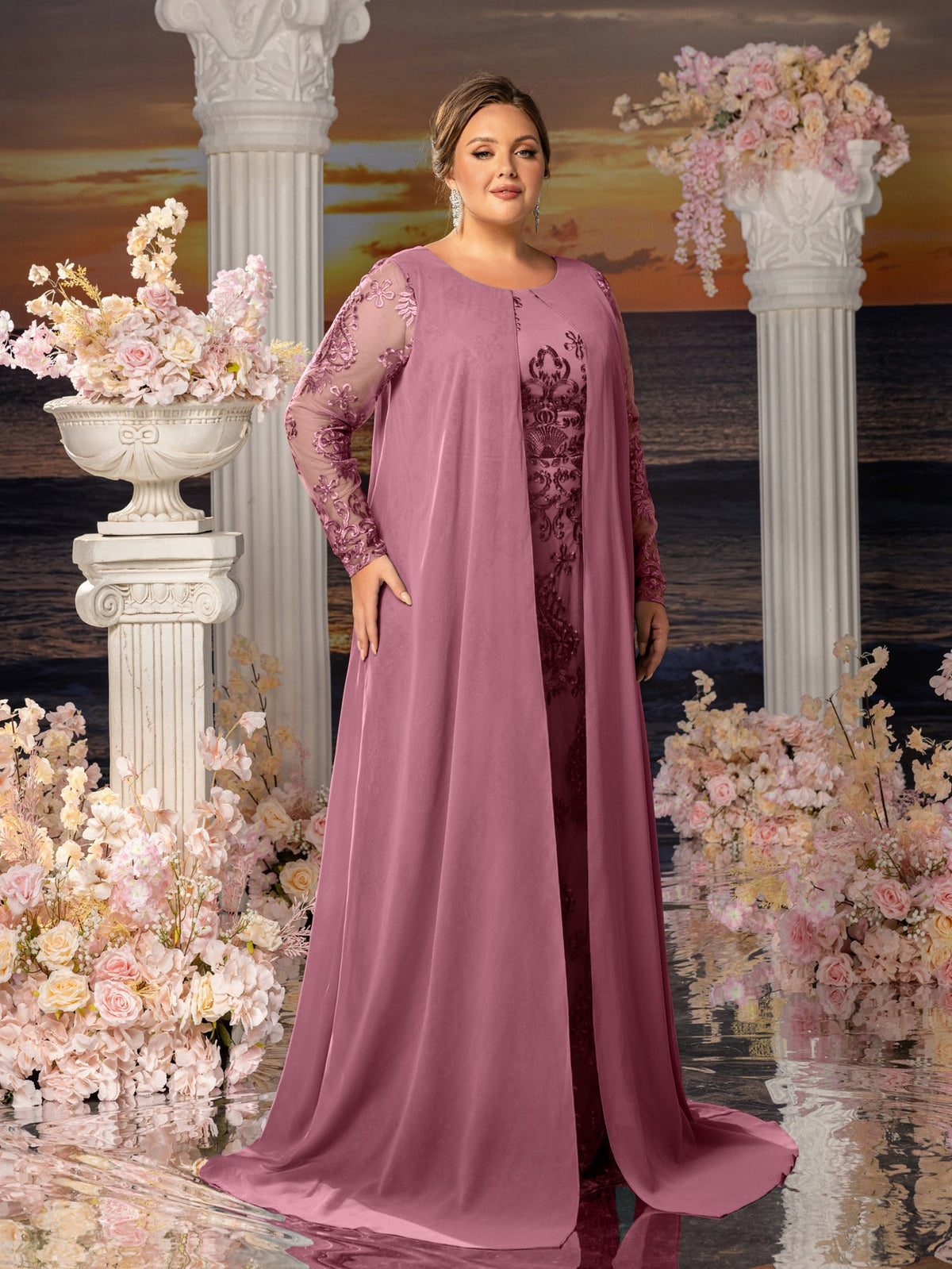 Additional product view of Plus-Size Lace Long-Sleeve Mermaid Floral Mother-of-the-Bride Dress