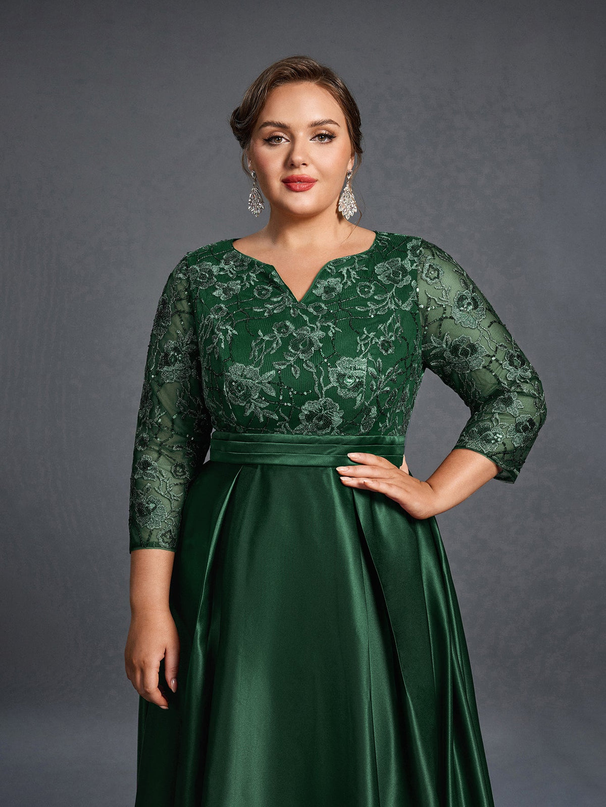 Additional product view of Plus-Size Satin V-Neck A-Line Sequin Mother-of-the-Bride Dress