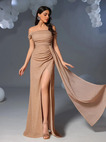 Alternate view of Draped Side High-Slit Off-Shoulder Mermaid Short-Sleeve Evening Gown in Champagne