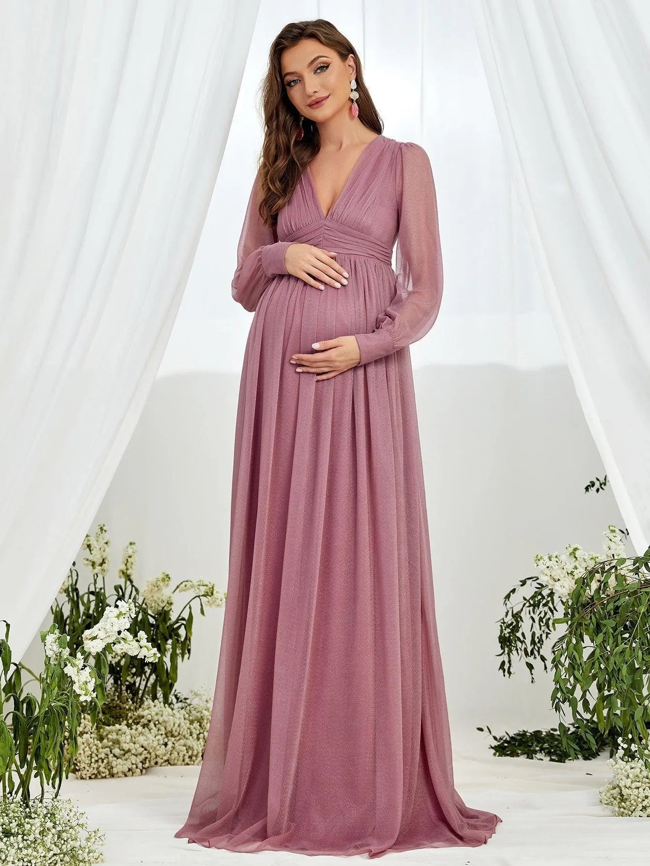 Additional product view of V-Neck Chiffon A-Line Long-Sleeve Maxi Maternity Evening Dress