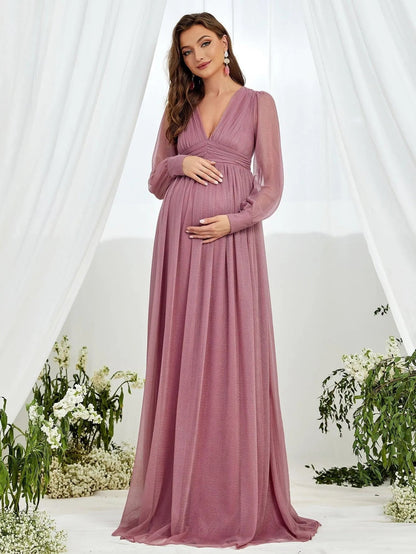 Additional product view of V-Neck Chiffon A-Line Long-Sleeve Maxi Maternity Evening Dress