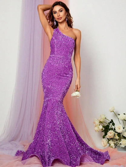Alternate view of One-Shoulder Sequin Mermaid Sleeveless Maxi Evening Gown in Purple