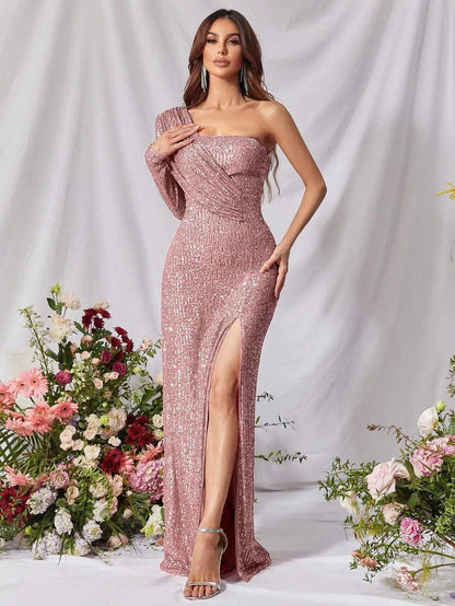 Alternate view of High-Slit One-Shoulder Sequin Sheath Maxi Evening Gown in Mauve