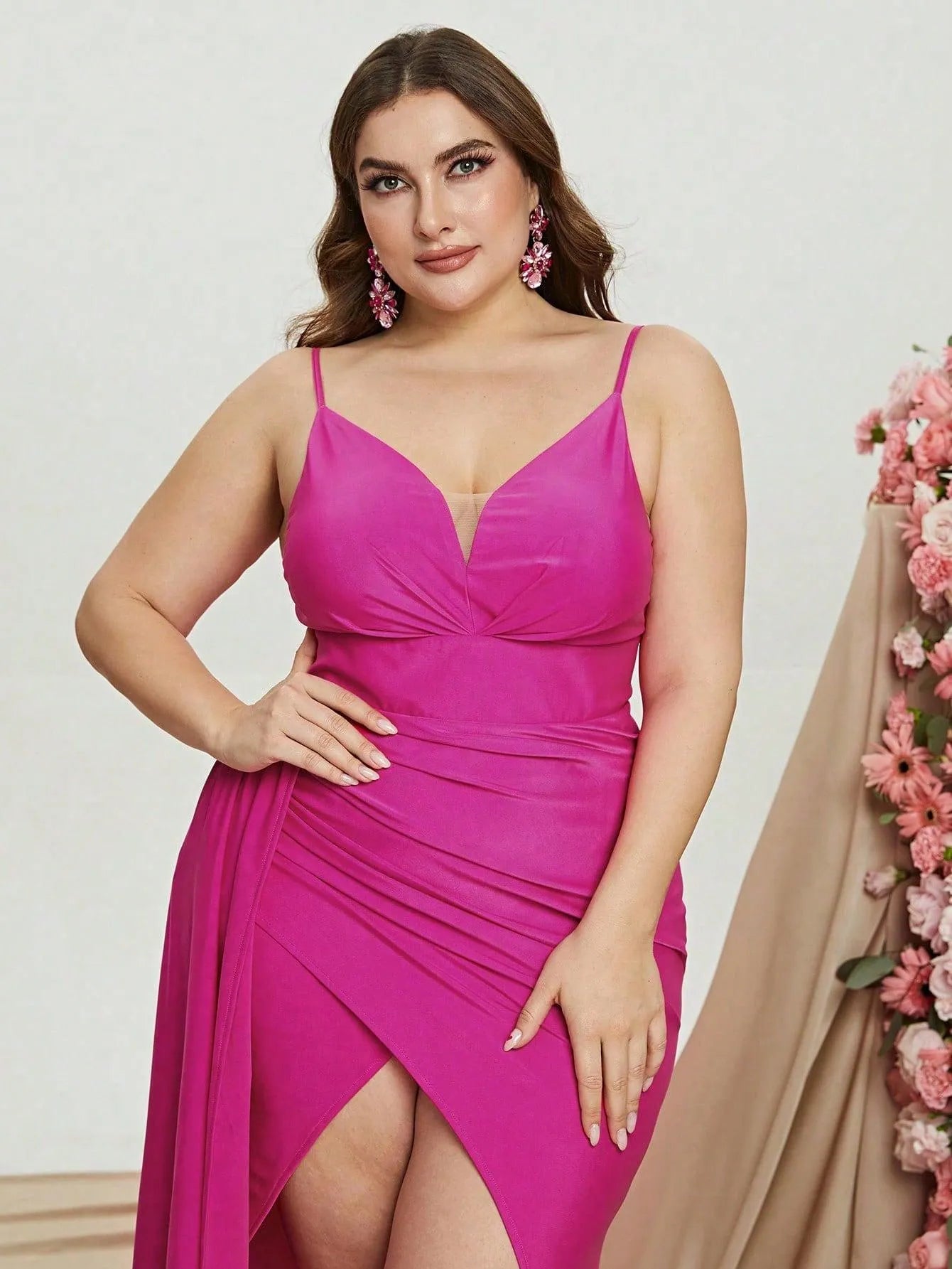 Additional product view of Draped Side Cami Strap Plus-Size Knit High-Slit Evening Gown