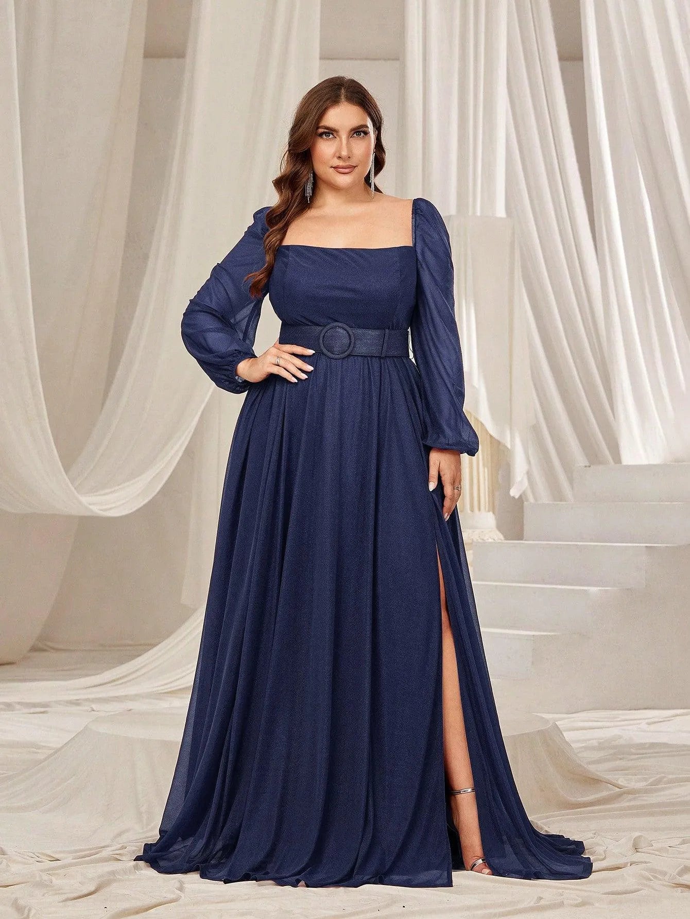 Plus Square Neck Lantern Sleeves Split Thigh Evening Dress – view 7