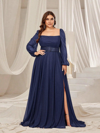 Plus Square Neck Lantern Sleeves Split Thigh Evening Dress – view 7