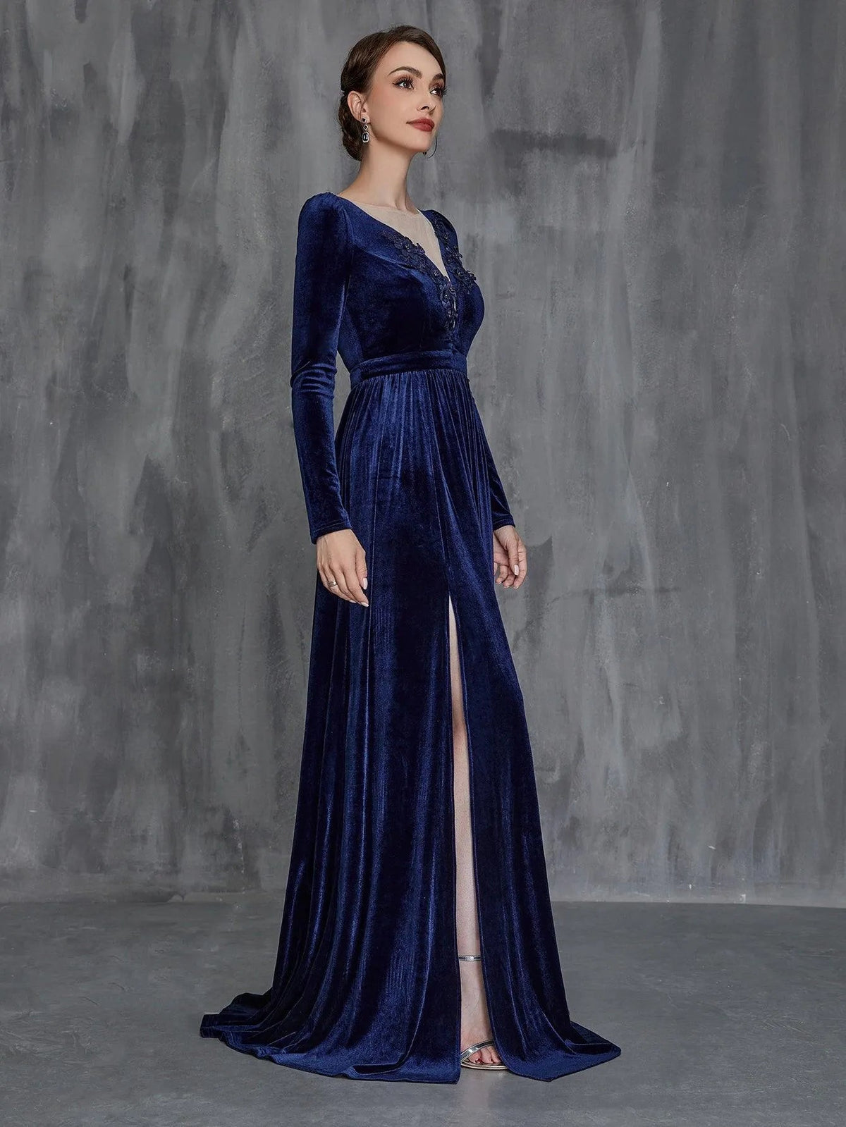 Additional product view of High-Slit Velvet Sweetheart-Neck Long-Sleeve A-Line Mother-of-the-Bride Dress
