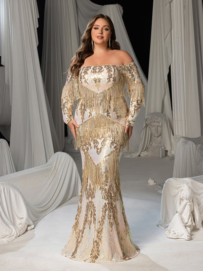 Plus Gorgeous Fringed Trim Off-Shoulder Mermaid Hem Sequin Formal Dress Evening Gown – view 5