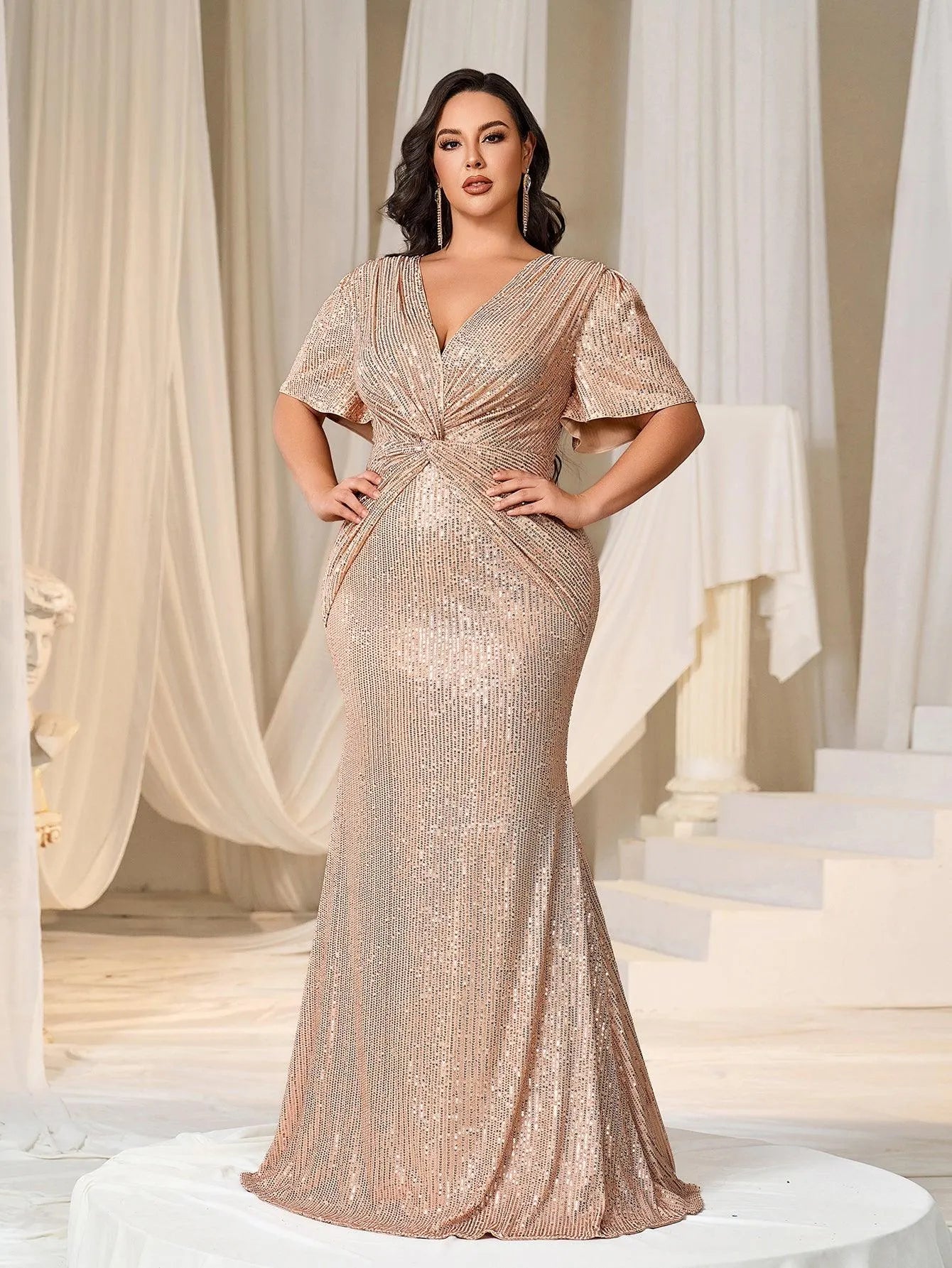 Additional product view of Twist Front Plunging-Neck Plus-Size V-Neck Sequin Evening Gown