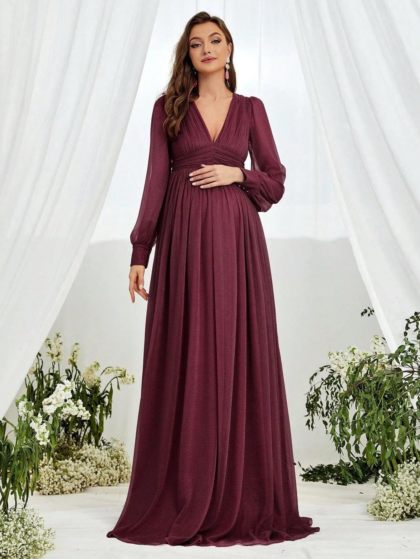 Additional product view of V-Neck Chiffon A-Line Long-Sleeve Maxi Maternity Evening Dress