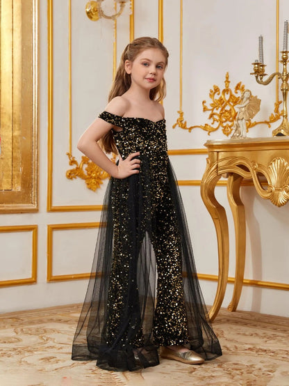 Additional product view of Mesh Overlay Off-Shoulder Sequin Short-Sleeve Tween Girls' Party Jumpsuit